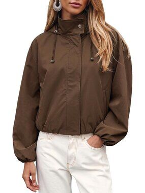 Women Brown Polyester Stand Collar Hooded Long Sleeve Elastic Cuff Bomber Jacket